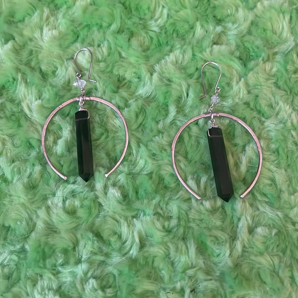 Moon Smokey quartz herkimer diamond moon earrings - Picture 2 of 6